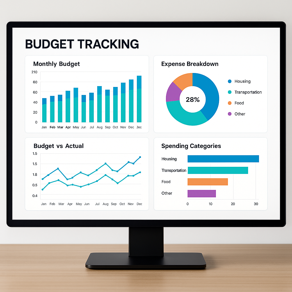A modern financial dashboard displaying budget tracking metrics with interactive charts