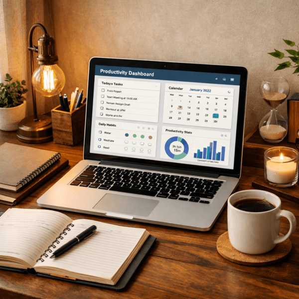 Laptop showing productivity dashboard with tasks, calendar, habits, and stats on a wooden desk with notebook and coffee