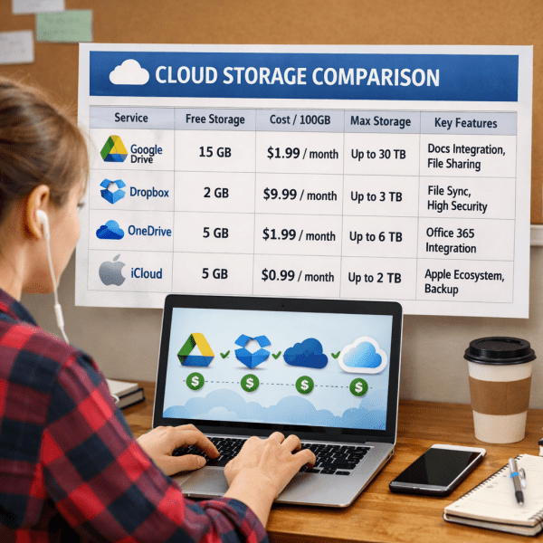 Comparison chart of Google Drive, Dropbox, OneDrive, and iCloud cloud storage plans