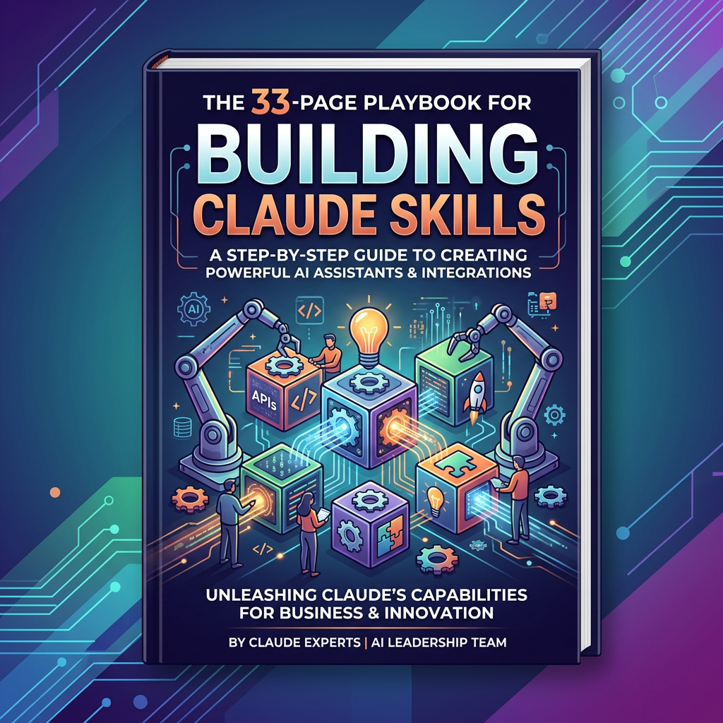 Book cover titled The 33-Page Playbook for Building Claude Skills with illustrations of robotic arms and AI technology