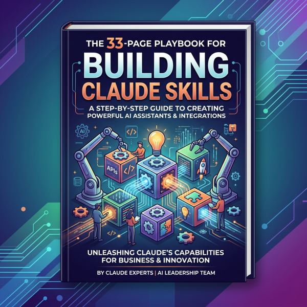 Book cover titled The 33-Page Playbook for Building Claude Skills with illustrations of robotic arms and AI technology