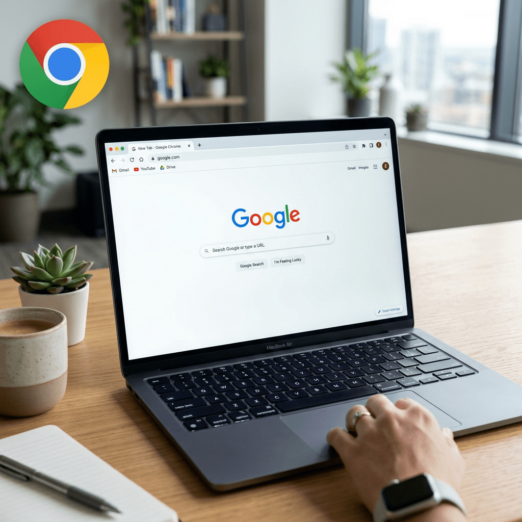 Laptop displaying Google search homepage in Google Chrome browser