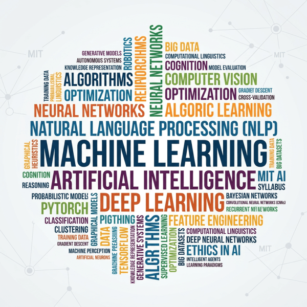 Word cloud with terms like machine learning, artificial intelligence, neural networks, deep learning, algorithms, optimization, natural language processing, computer vision, and others