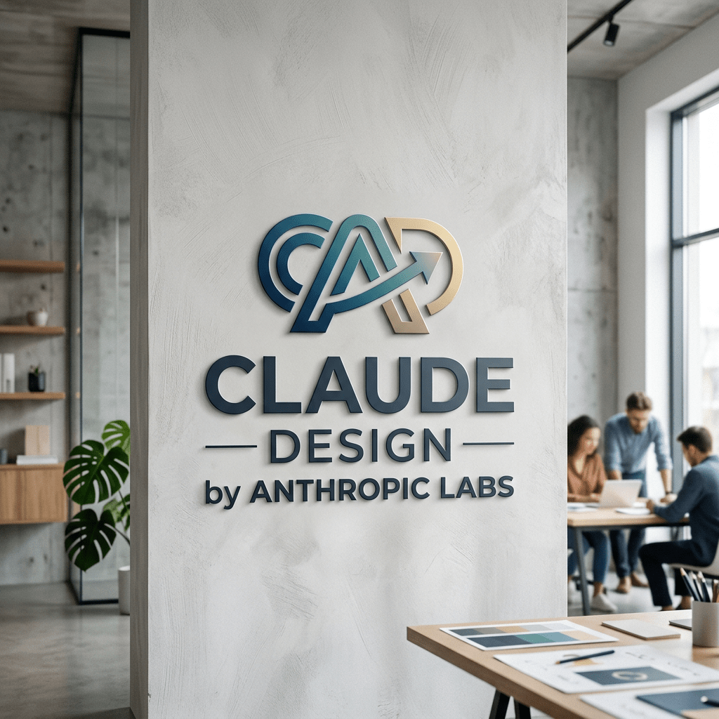 Claude Design by Anthropic Labs logo on office wall with people working in background