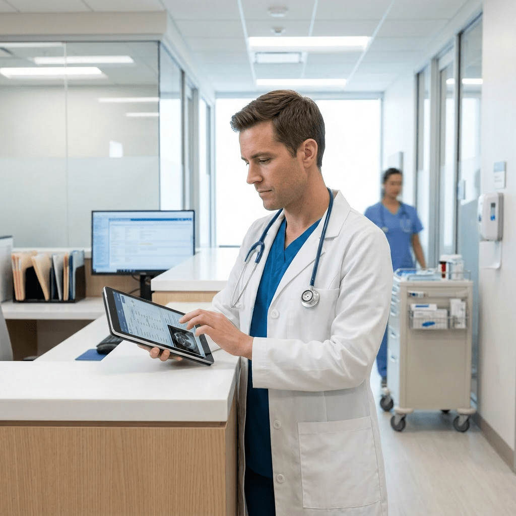 Doctor in white coat using tablet to review patient information