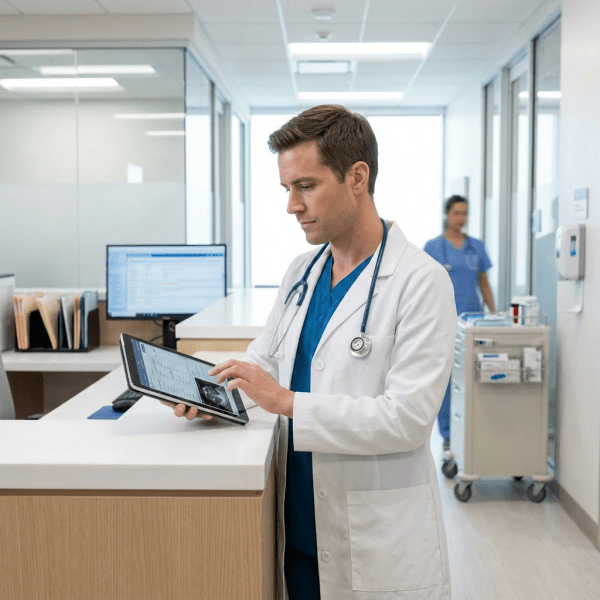Doctor in white coat using tablet to review patient information