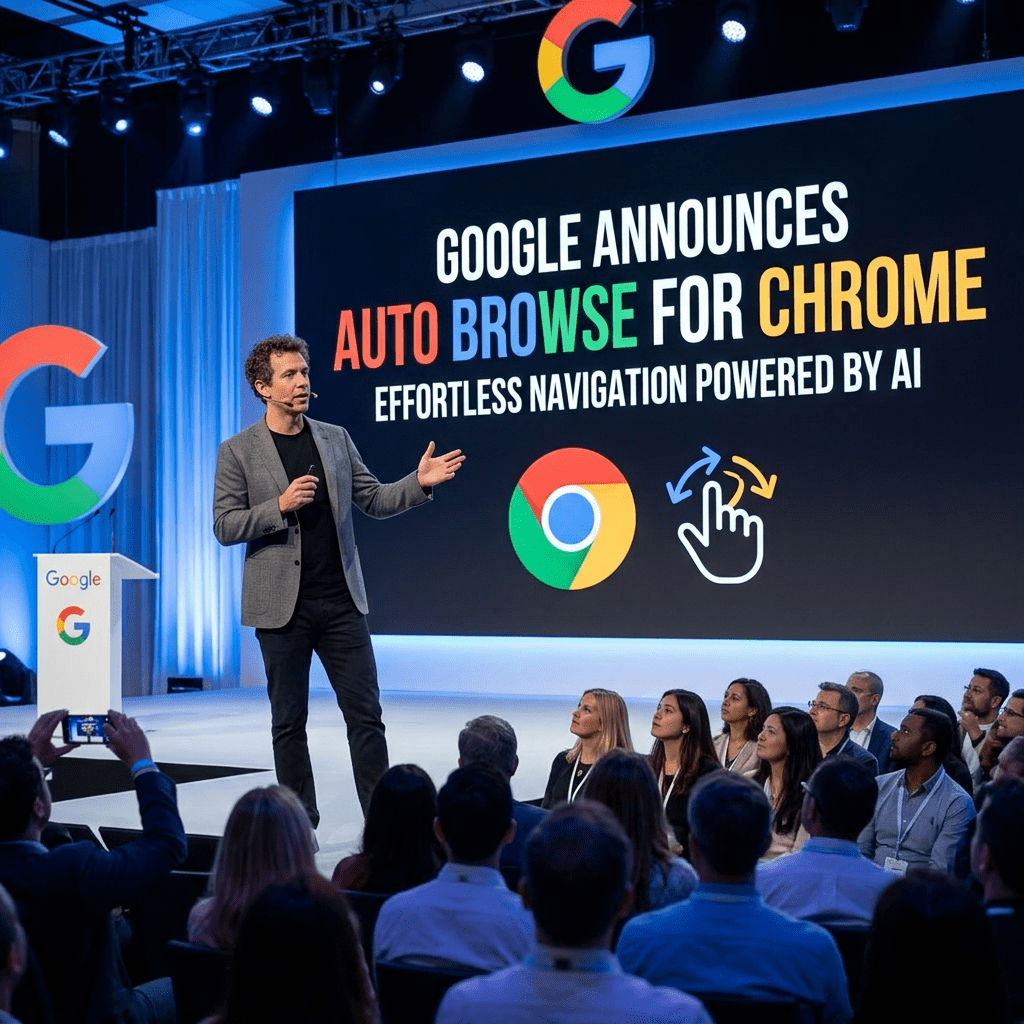 Man presenting Google's Auto Browse for Chrome feature to an audience at a conference