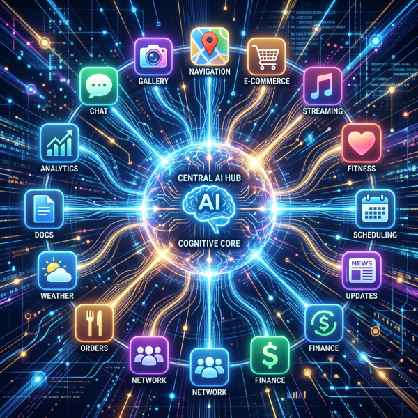 Central AI hub with connecting lines to icons for analytics, chat, gallery, navigation, e-commerce, streaming, fitness, scheduling, updates, finance, network, orders, weather and documents