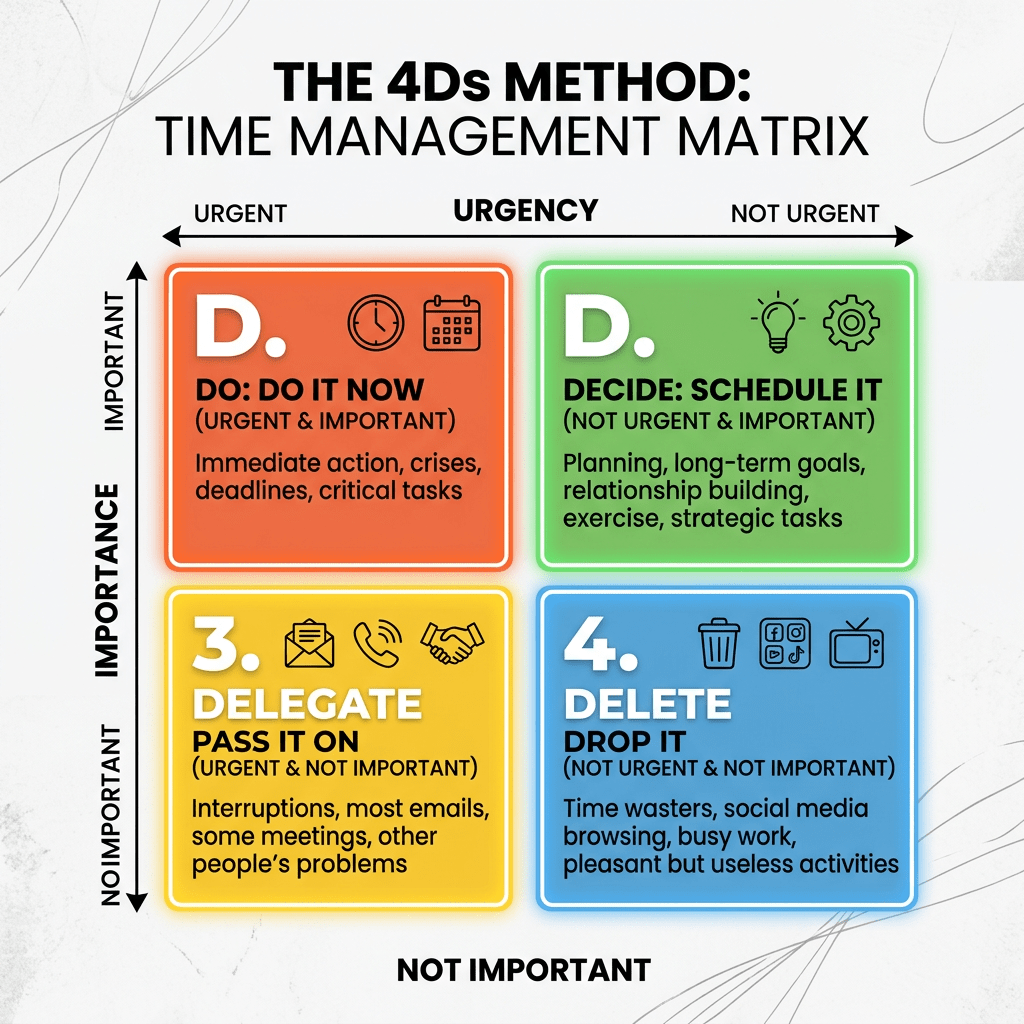 Time management matrix dividing tasks into Do, Decide, Delegate, and Delete categories by urgency and importance