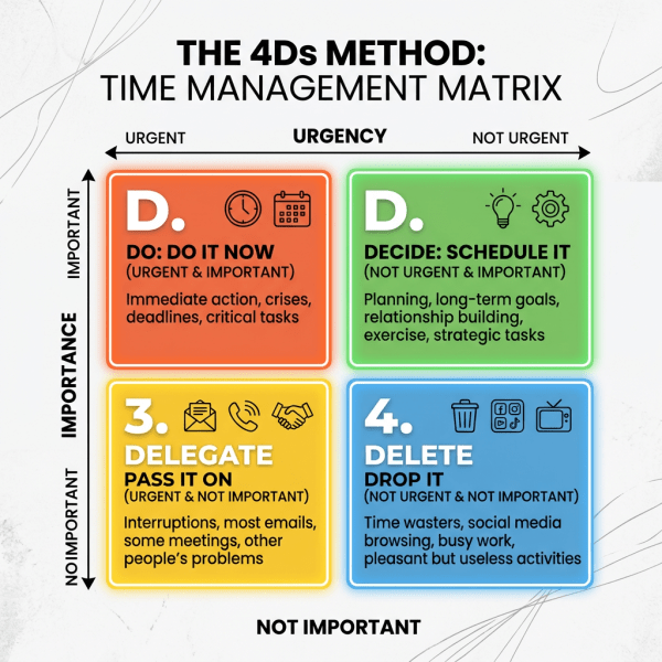 Time management matrix dividing tasks into Do, Decide, Delegate, and Delete categories by urgency and importance