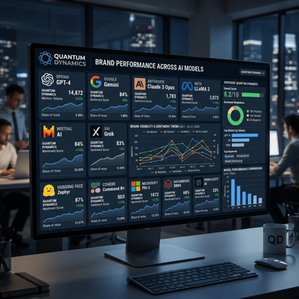 Dashboard displaying brand sentiment scores, mention volume, share of voice, and trends for multiple AI models