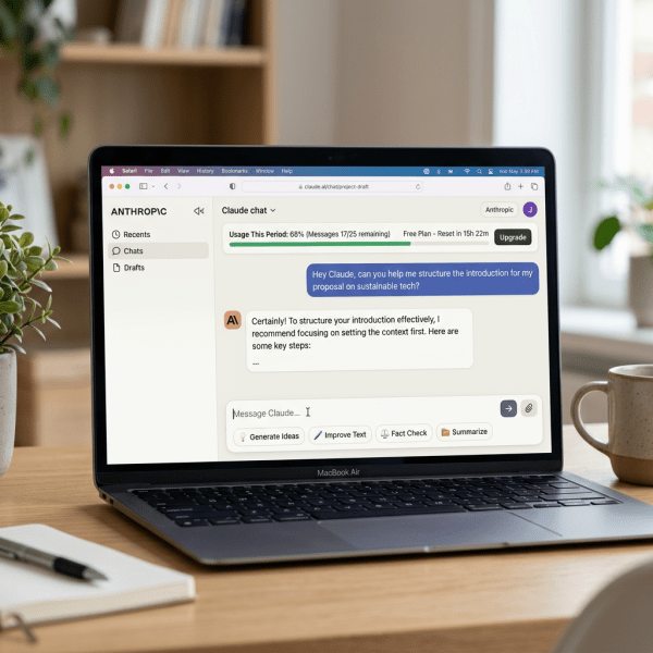 Laptop displaying AI chat assistant structuring sustainable tech proposal introduction