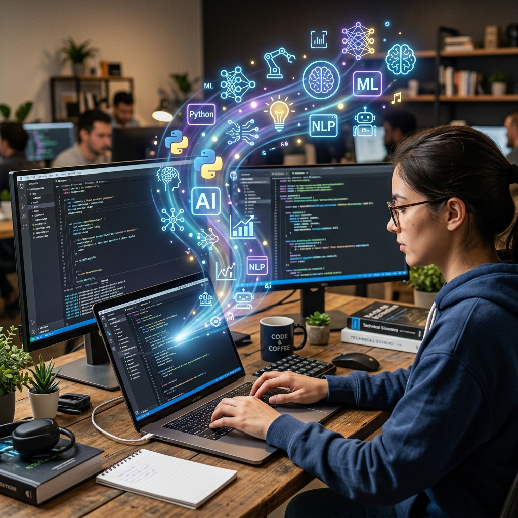 Developer coding AI and machine learning in Python on laptop and monitors
