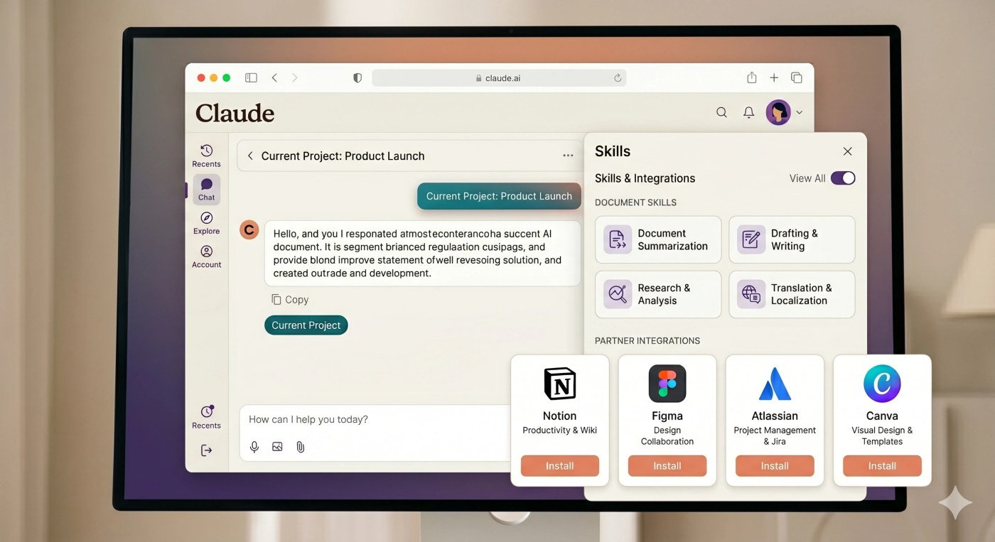 Claude Skills directory showing partner skills from Notion, Figma, Atlassian, and Canva alongside Anthropic's built-in document skills.