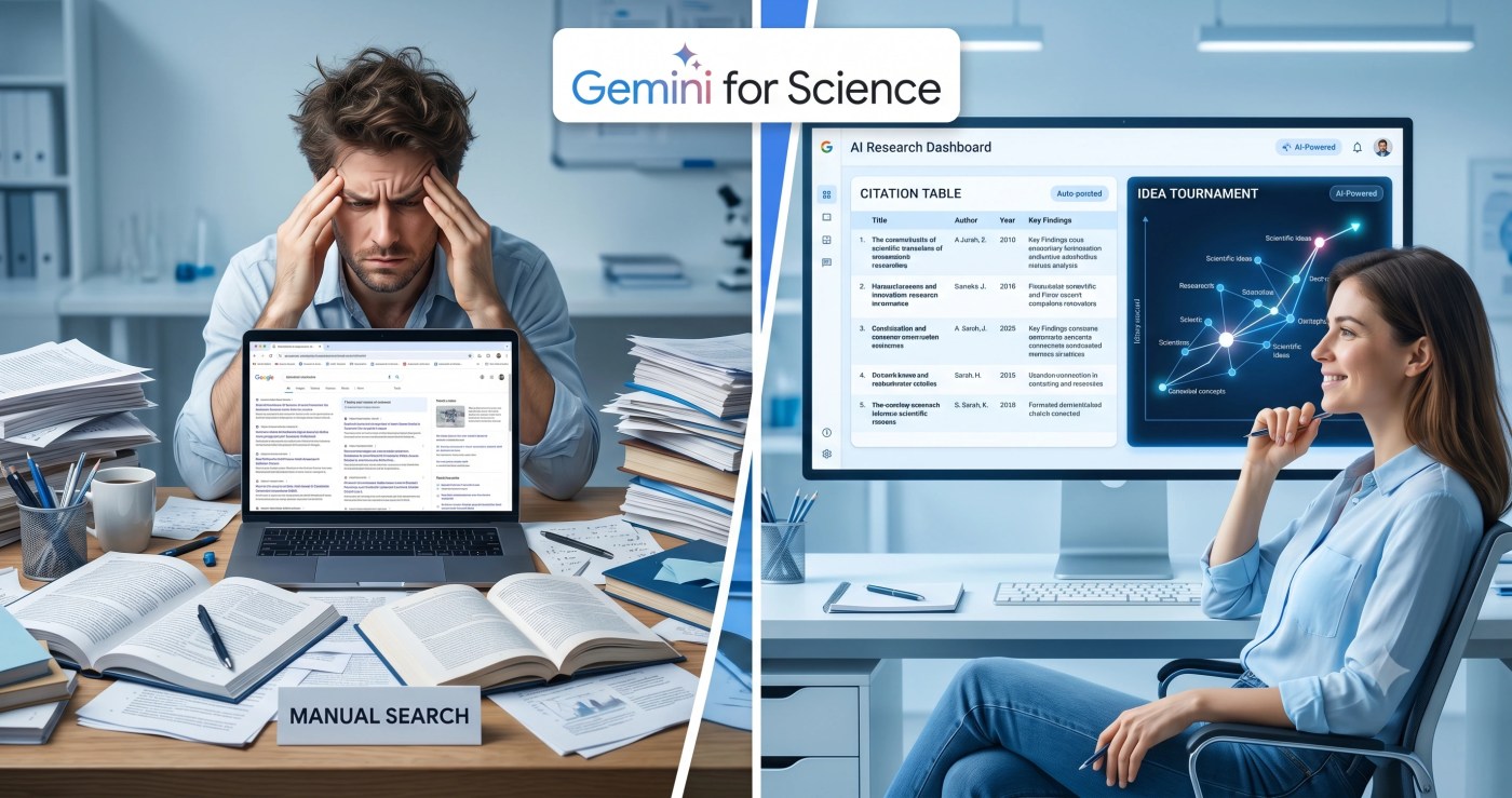 Researcher comparing manual literature review with Google Gemini for Science AI dashboard.