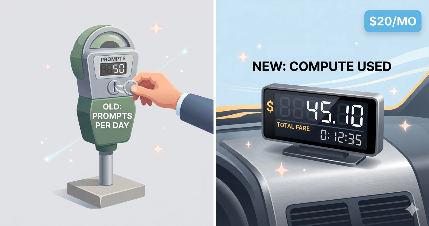 Comparison of Google AI Pro old daily prompt limit versus new compute-based usage meter.