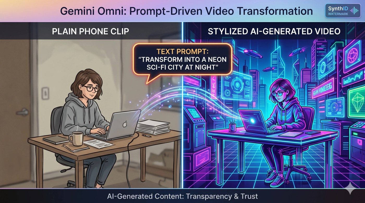 Gemini Omni transforming a plain phone clip into a stylized AI-generated video from a text prompt.