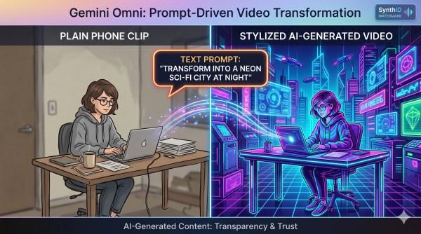 Gemini Omni transforming a plain phone clip into a stylized AI-generated video from a text prompt.