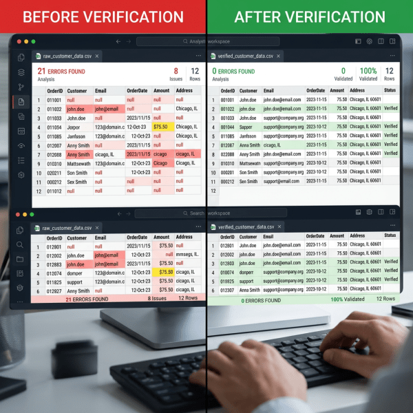 Customer data spreadsheets displaying errors before verification and corrected data after verification with zero errors.