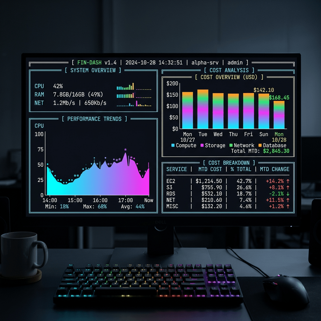 Dashboard displaying CPU, RAM, network usage, performance trends, and cost analysis for cloud services