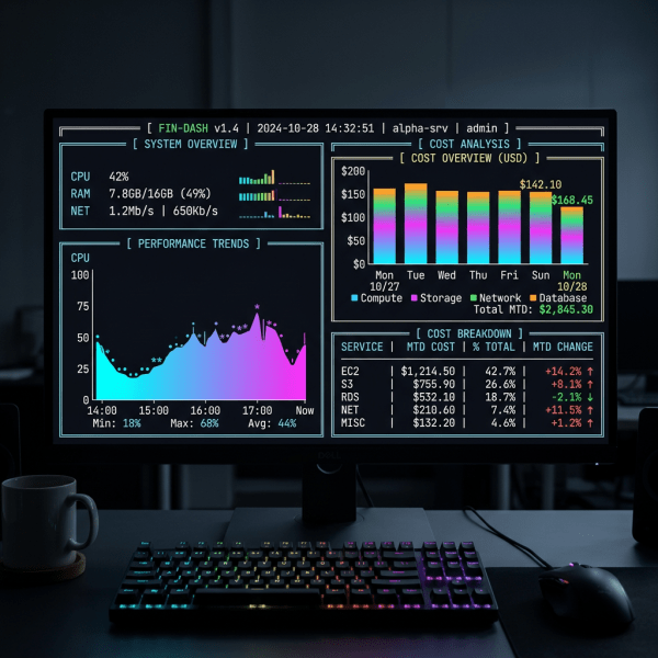 Dashboard displaying CPU, RAM, network usage, performance trends, and cost analysis for cloud services