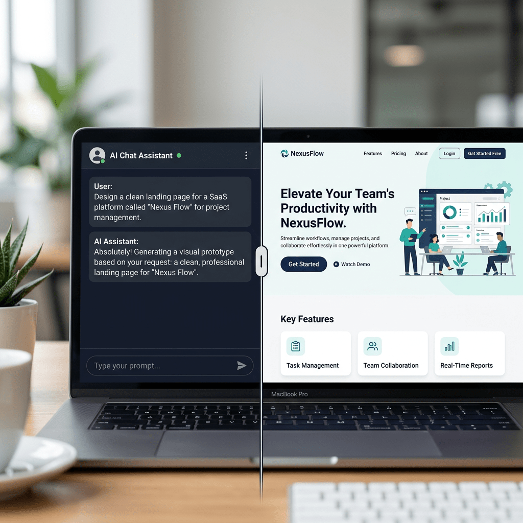 Split laptop screen showing AI chat generating and a SaaS landing page for NexusFlow project management