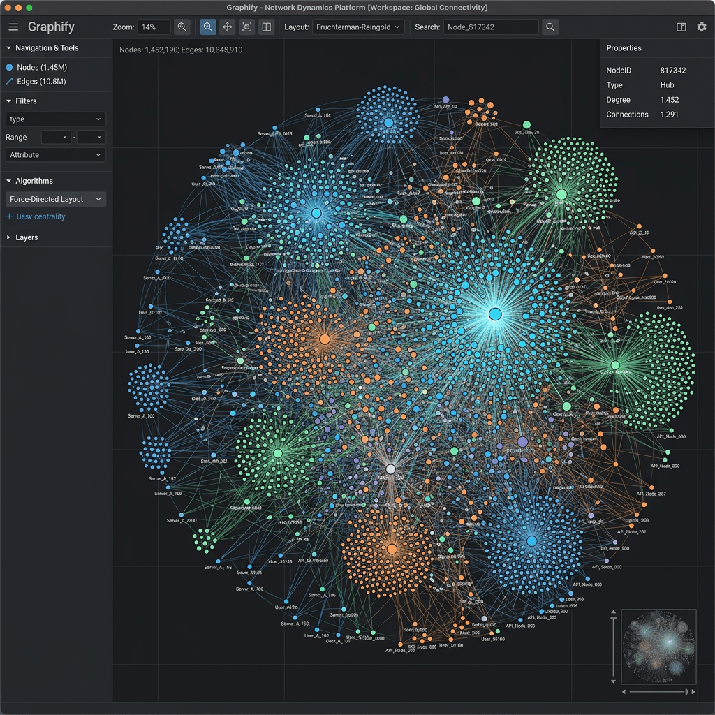 Network graph with numerous interconnected nodes in blue, green, orange, and purple clusters displayed in software interface.