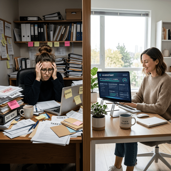 Split image showing a stressed woman at a cluttered desk and a relaxed woman at a tidy desk with AI assistant