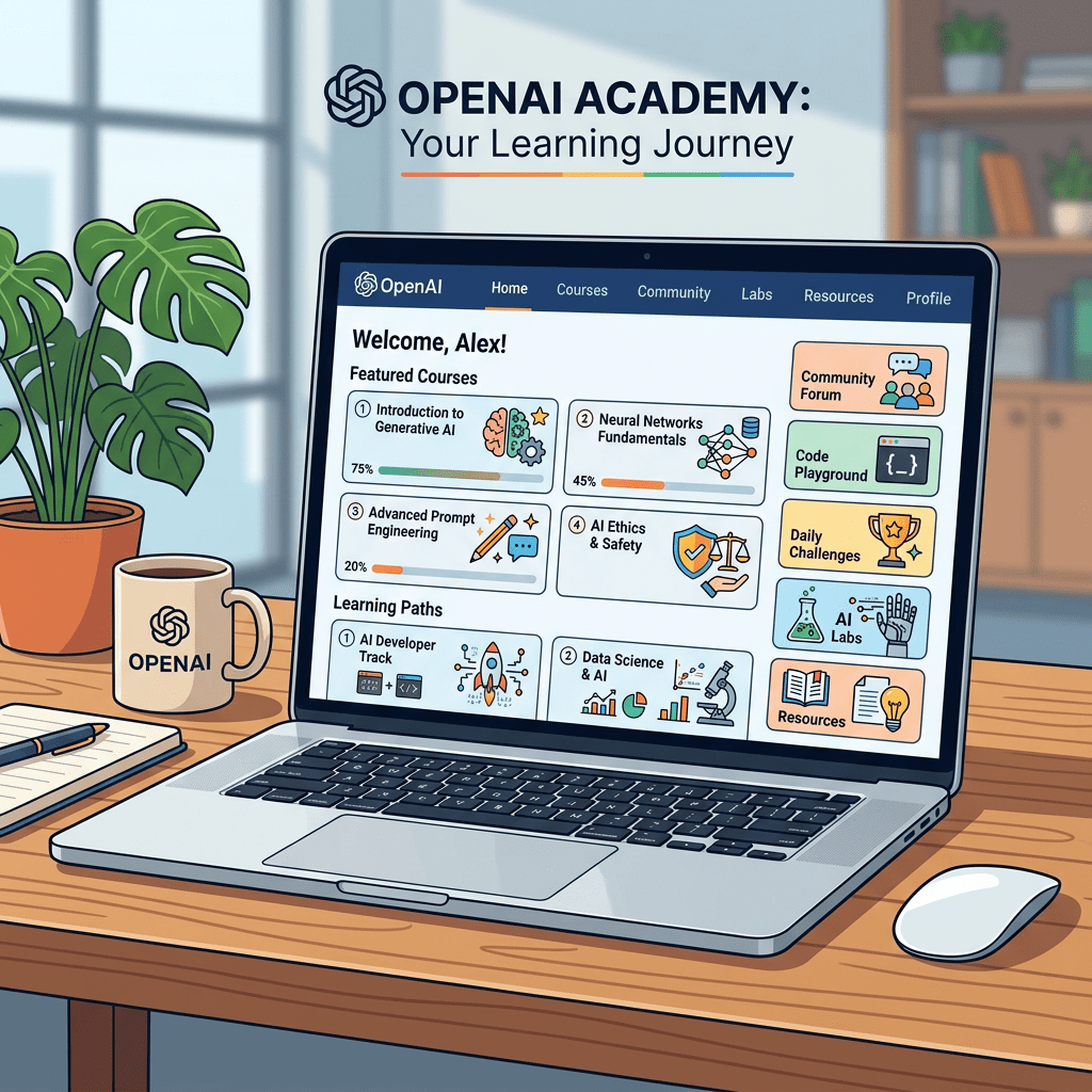 Laptop screen showing OpenAI Academy dashboard with AI courses, progress bars, and learning paths