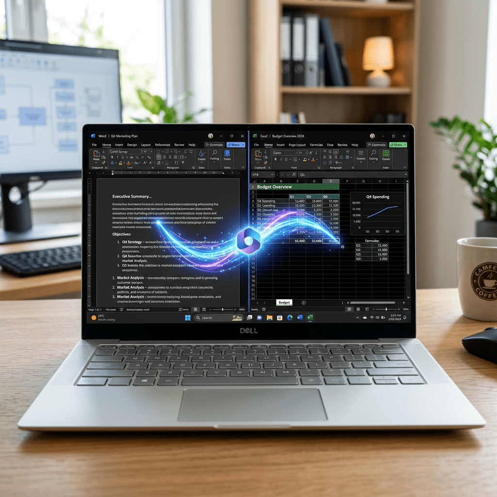 Laptop displaying business document on left and spreadsheet on right with glowing connection graphic