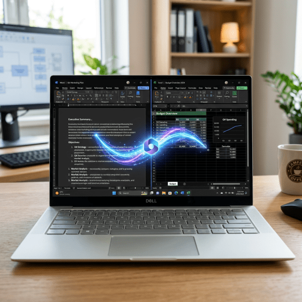 Laptop displaying business document on left and spreadsheet on right with glowing connection graphic