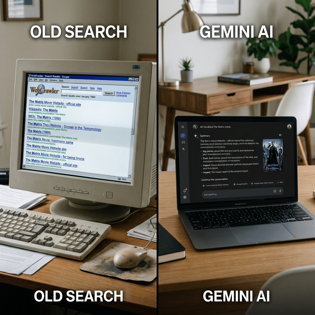 Side-by-side comparison of old desktop search screen and modern laptop with Gemini AI search results