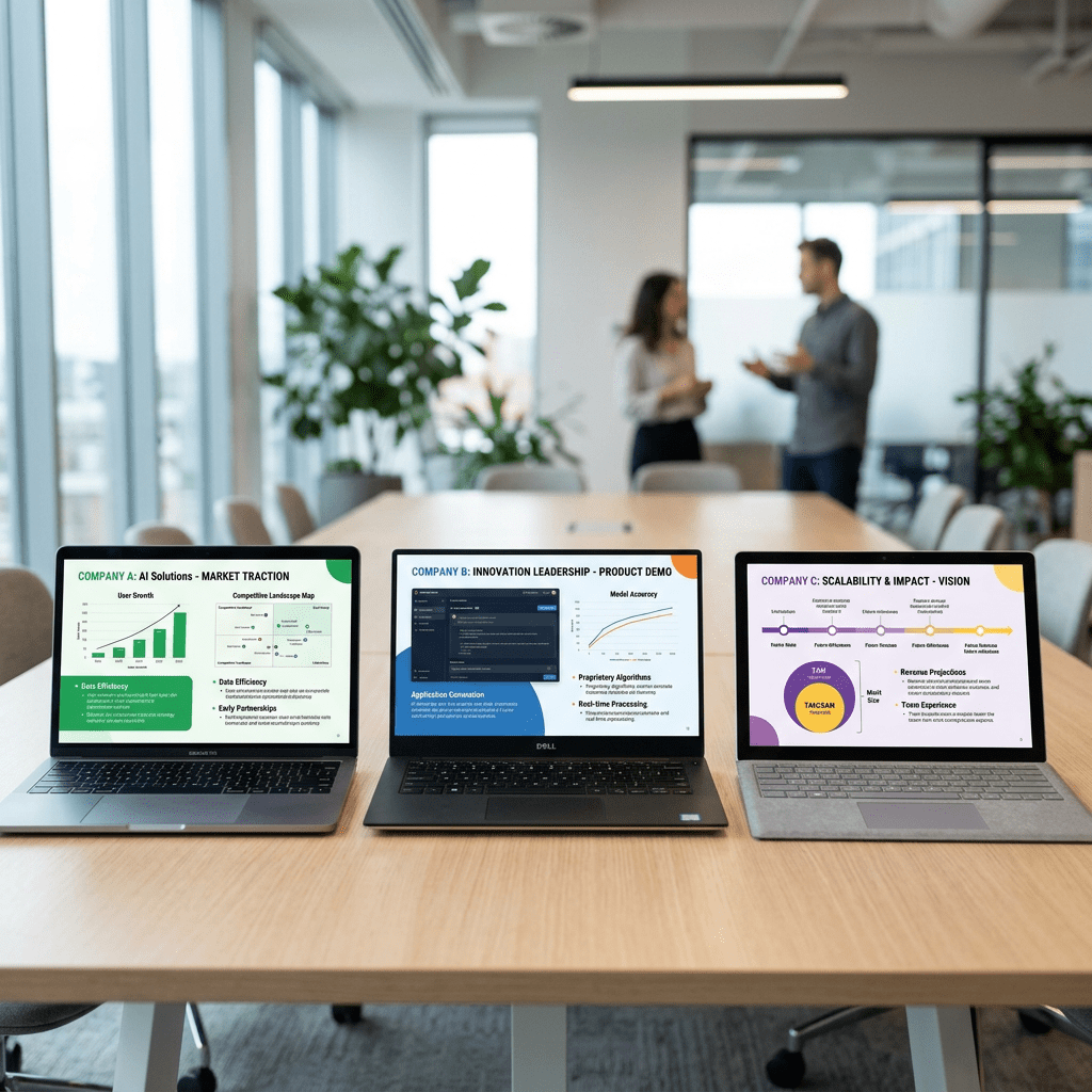 Three laptops on a conference table showing company presentations with people talking behind