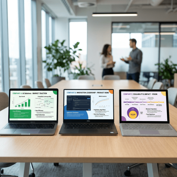 Three laptops on a conference table showing company presentations with people talking behind
