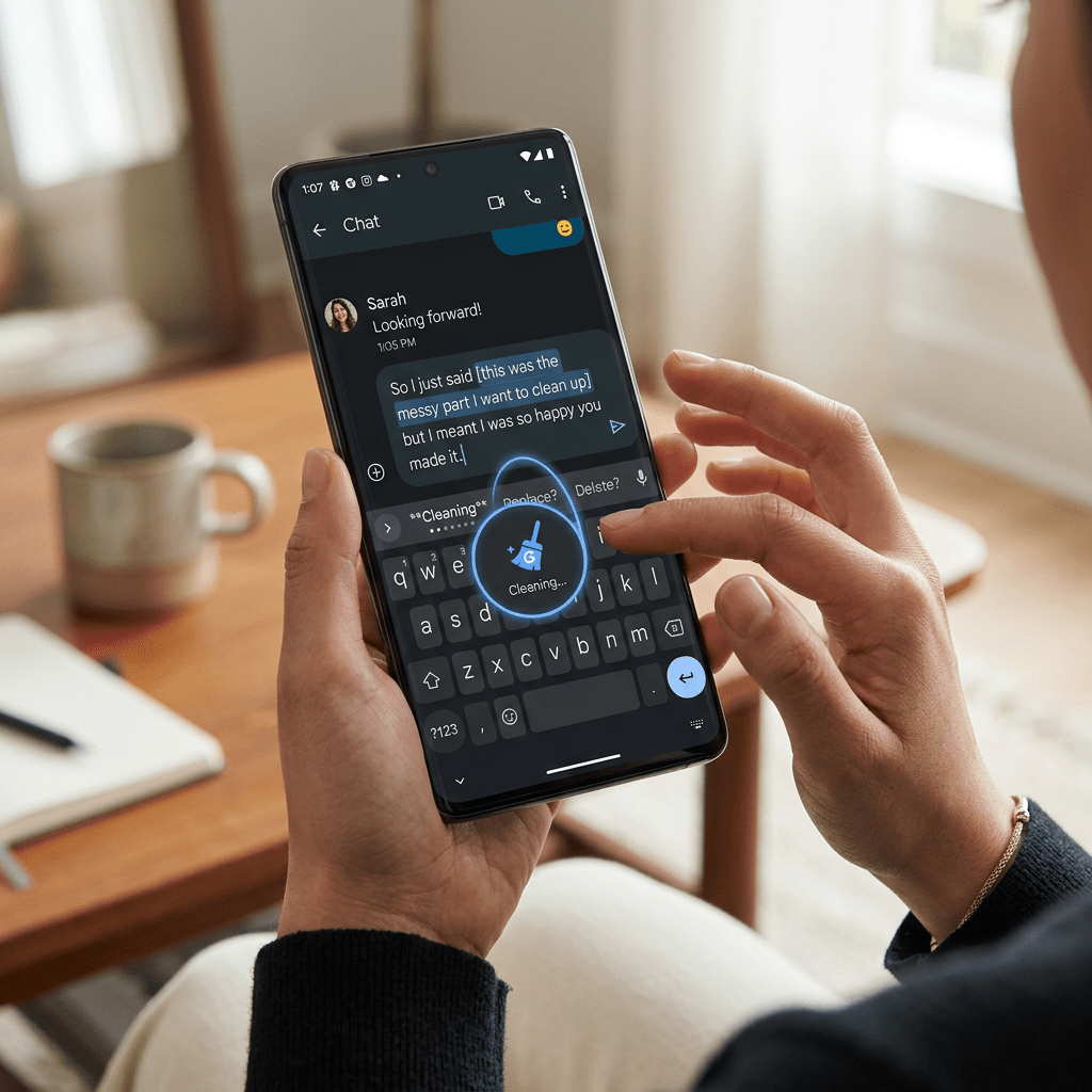 Chat app on smartphone showing text being edited using a cleaning feature