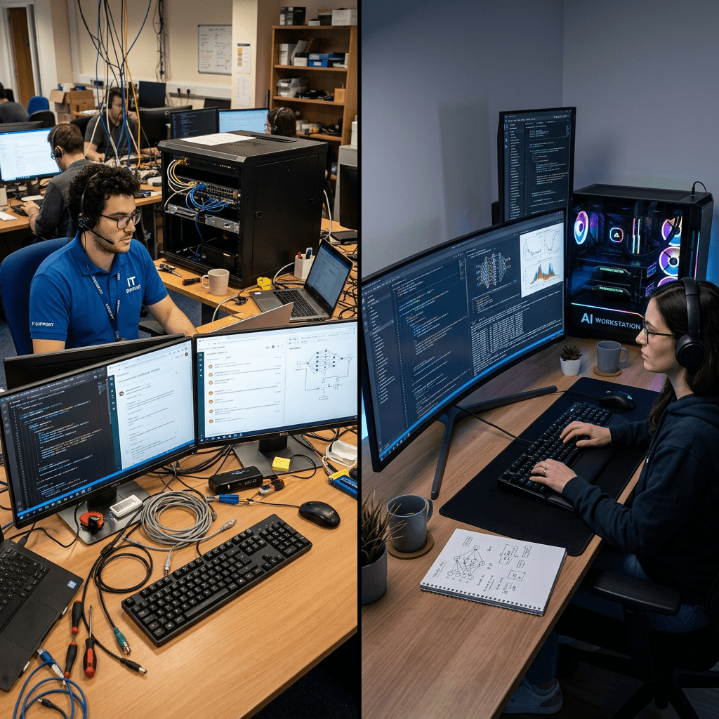 Man working on IT support with multiple monitors and server equipment; woman coding AI software with ultrawide curved monitor and AI workstation