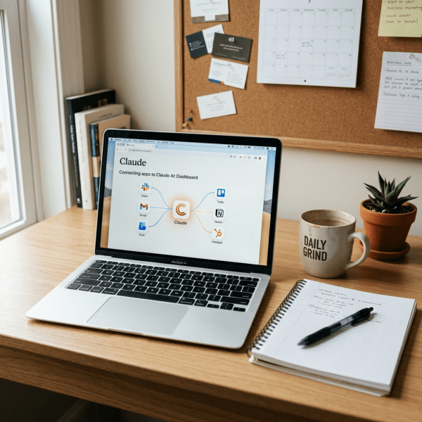 Laptop showing Claude AI dashboard connecting Slack, Gmail, Stock, Trello, Notion, HubSpot apps
