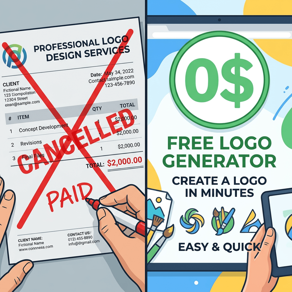 Comparison of paid logo design invoice marked cancelled versus free logo generator on screen