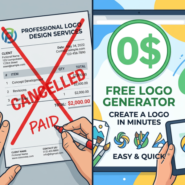 Comparison of paid logo design invoice marked cancelled versus free logo generator on screen