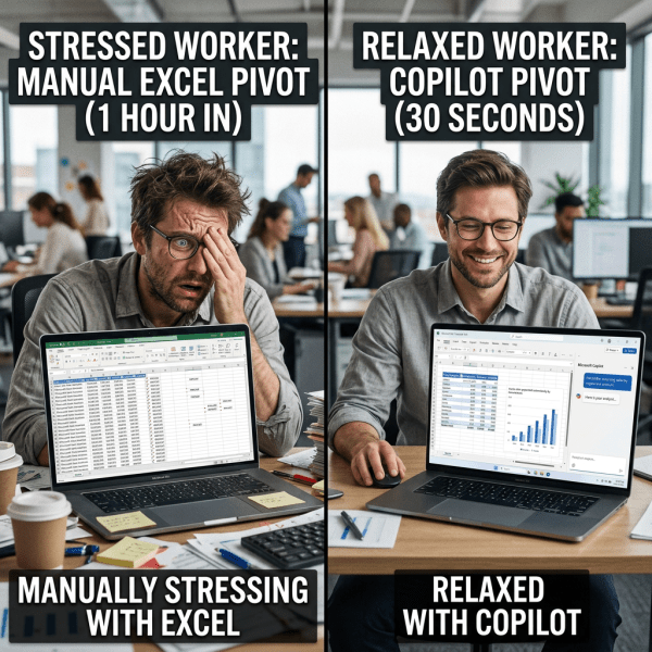 Side-by-side of a stressed man manually working Excel pivot table and a relaxed man using Copilot for pivot table