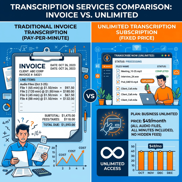 Comparison chart showing traditional pay-per-minute transcription invoice versus unlimited transcription subscription for $49 per month
