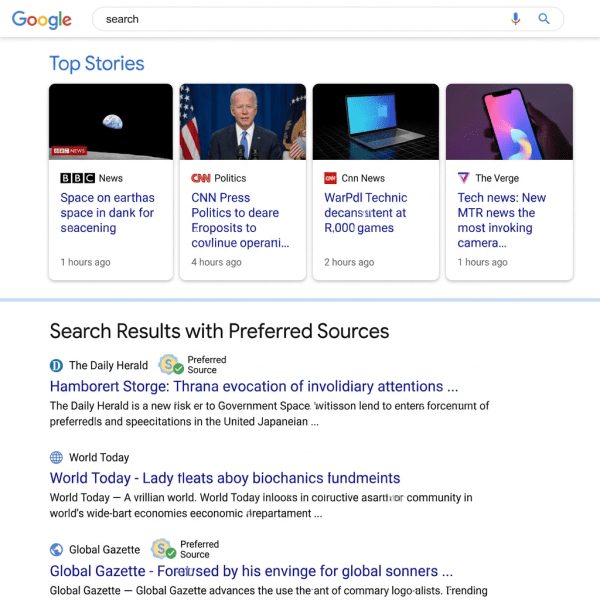 Google search page showing top stories cards and search results with preferred sources