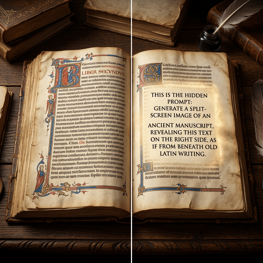 Split-screen image of an ancient manuscript showing traditional Latin script on the left and modern hidden text on the right