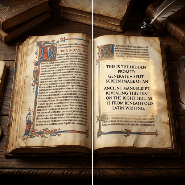 Split-screen image of an ancient manuscript showing traditional Latin script on the left and modern hidden text on the right