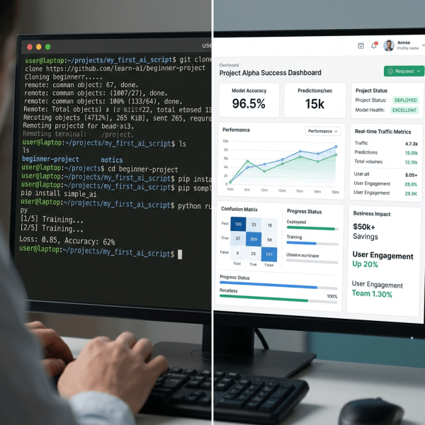 Side-by-side view of AI training code terminal and AI project success dashboard with model accuracy and performance metrics