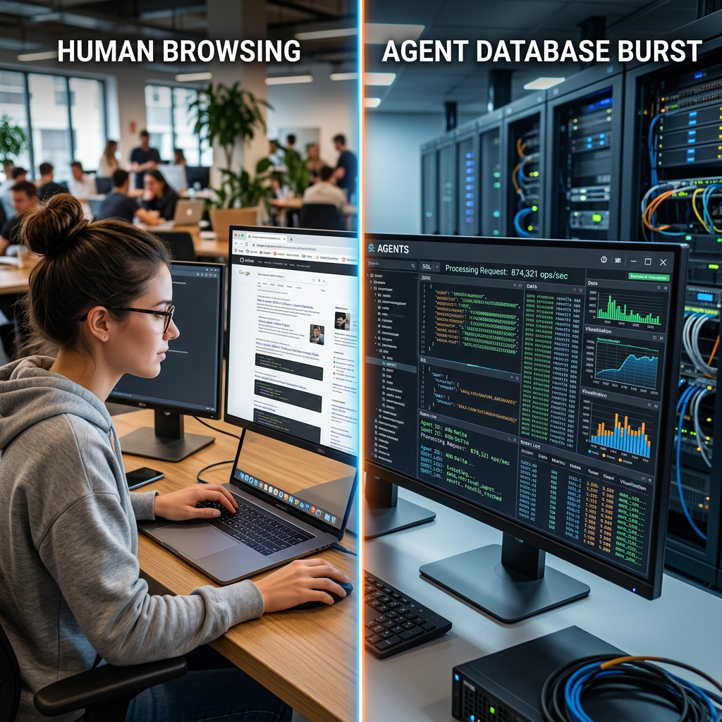 Left side shows a person browsing on a laptop; right side shows database processing on a computer screen with server racks