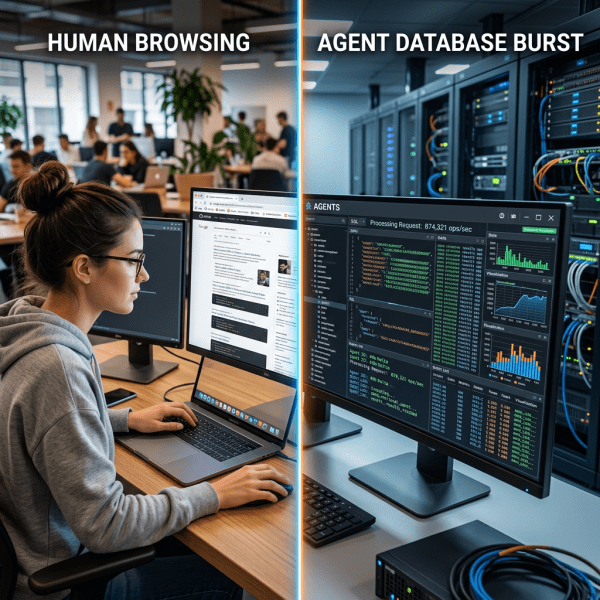 Left side shows a person browsing on a laptop; right side shows database processing on a computer screen with server racks