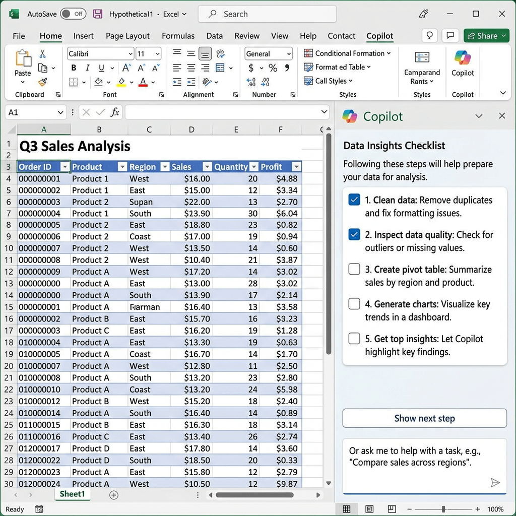 Spreadsheet with Q3 sales data table and Copilot data insights checklist in sidebar