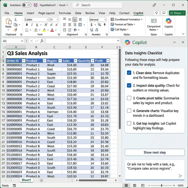 Spreadsheet with Q3 sales data table and Copilot data insights checklist in sidebar