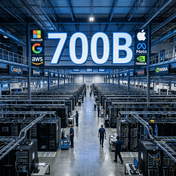 Inside a data center with rows of servers and workers, large 700B sign above with tech company logos